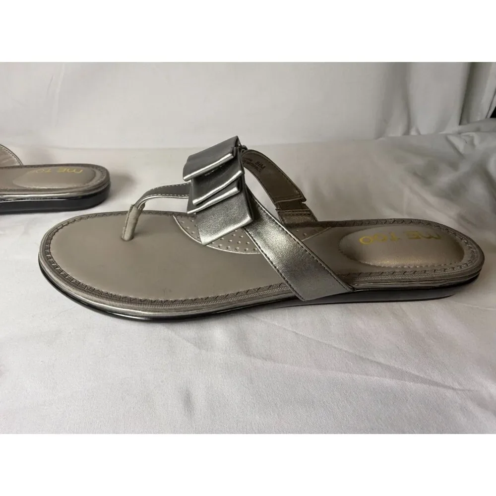 Me Too Silver Metallic Bow Sandals Women's Size 8 1/2 M Flat